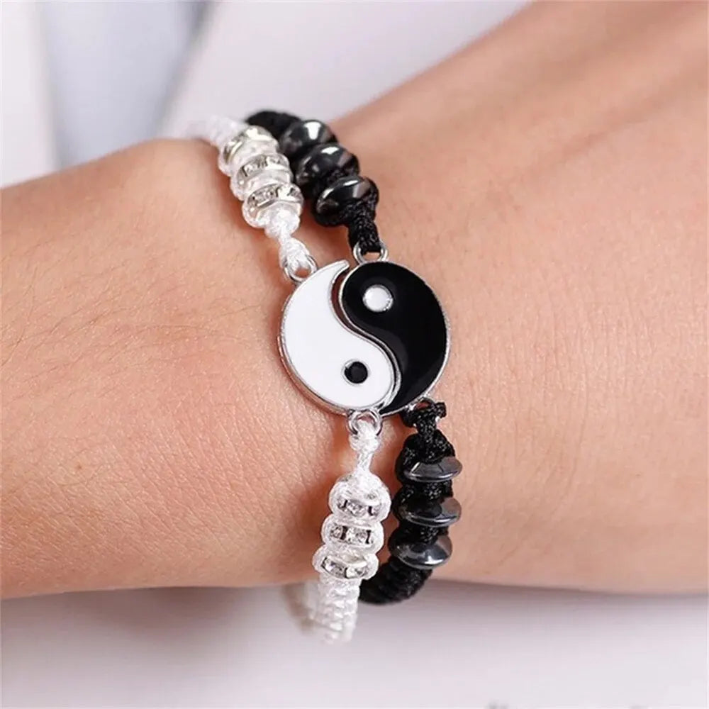 Couple Black White Tai Chi Bracelet Set Adjustable Daily Wear - Smarsty