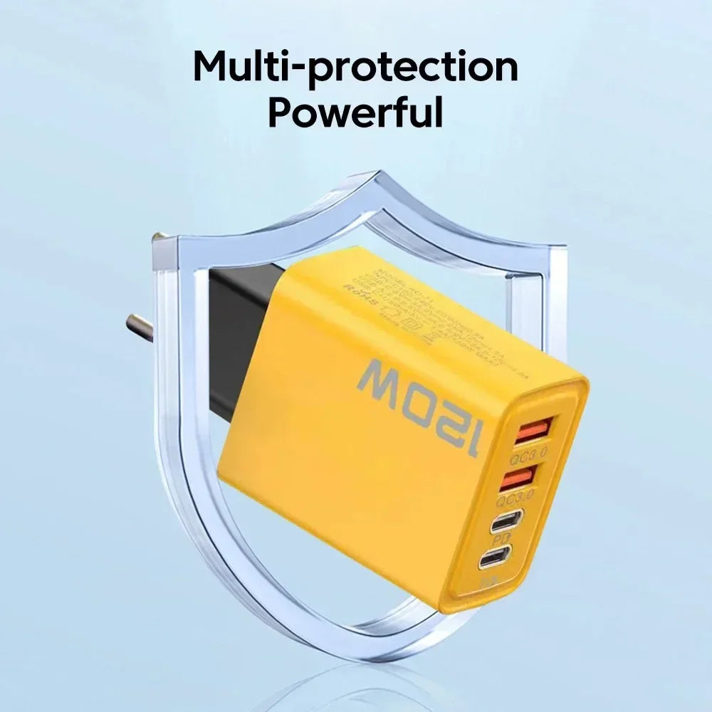 Quick Charge 3.0 Fast Charger Muti Total 120W 4 Port USB Type C PD Mobile Phone Wall Adapter for iPhone 16 Samsung S24 Xiaomi 15 - Smarsty