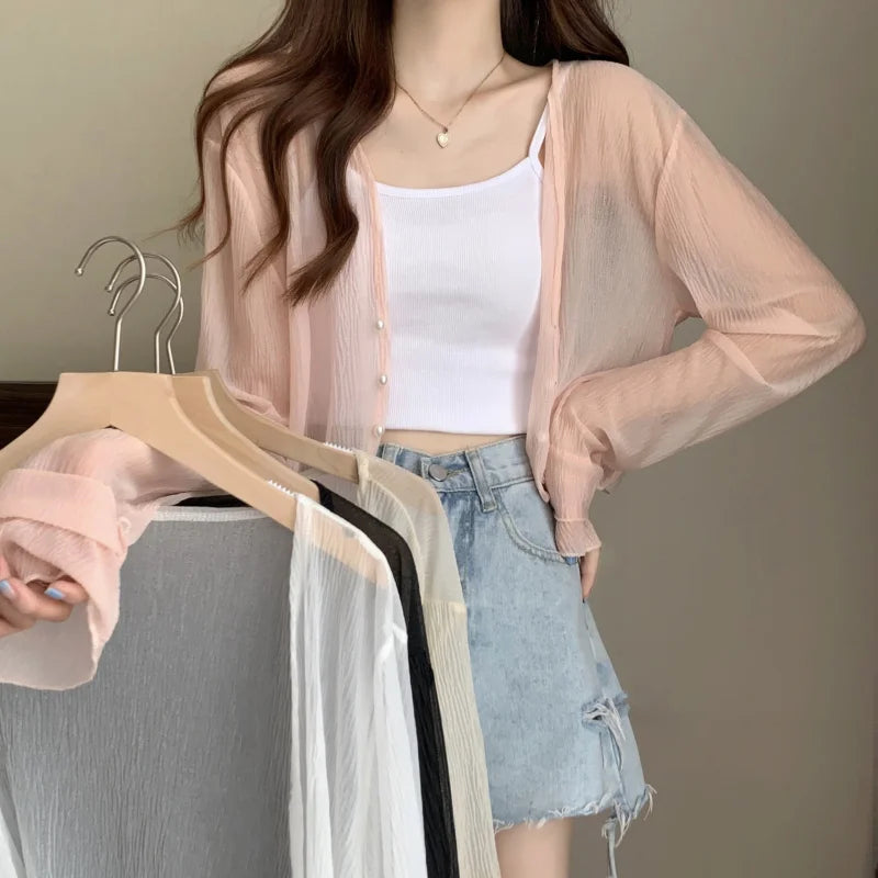 2025 Fairy Style Solid Cardigan Women Summer New Long Sleeve Sunscreen Sweet Beading V-neck Basics Loose Chiffon Cardigan - Smarsty