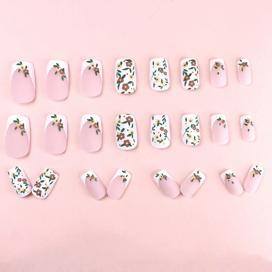 24 Piece Set Medium Long Press On Nails with Peach Flower Design - Smarsty