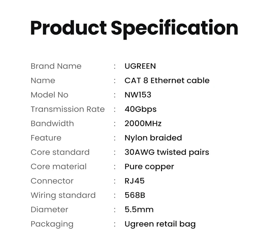 UGREEN CAT 8 Ethernet Cable High Speed Braided 40Gbps 2000Mhz Network Lan Cord RJ45 Shielded Indoor for Router PC PS5 Modem Xbox - Smarsty