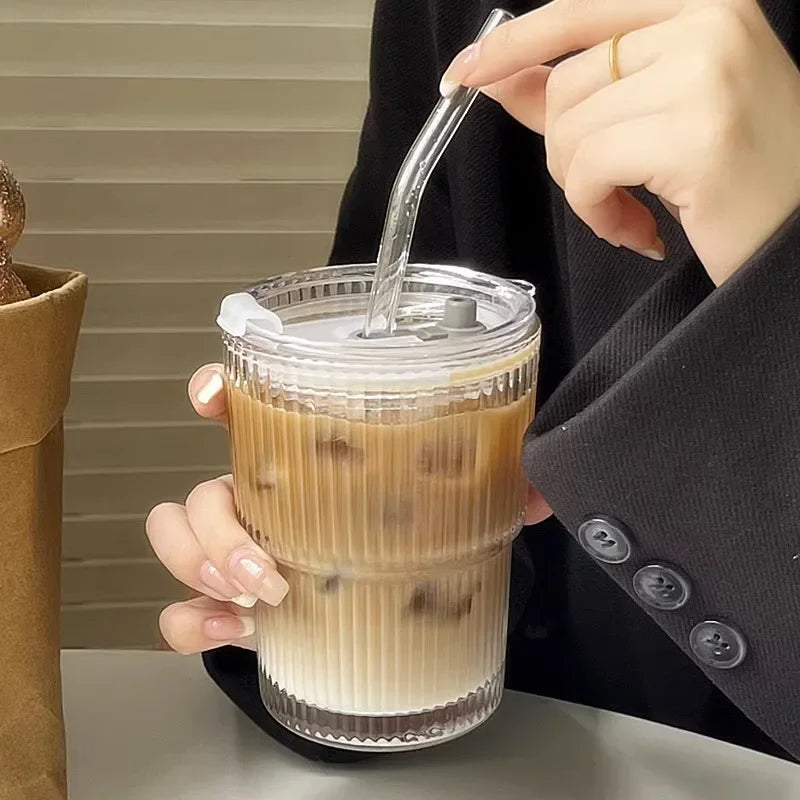 600ml Stripe Glass Cup with Lid and Straw - Smarsty