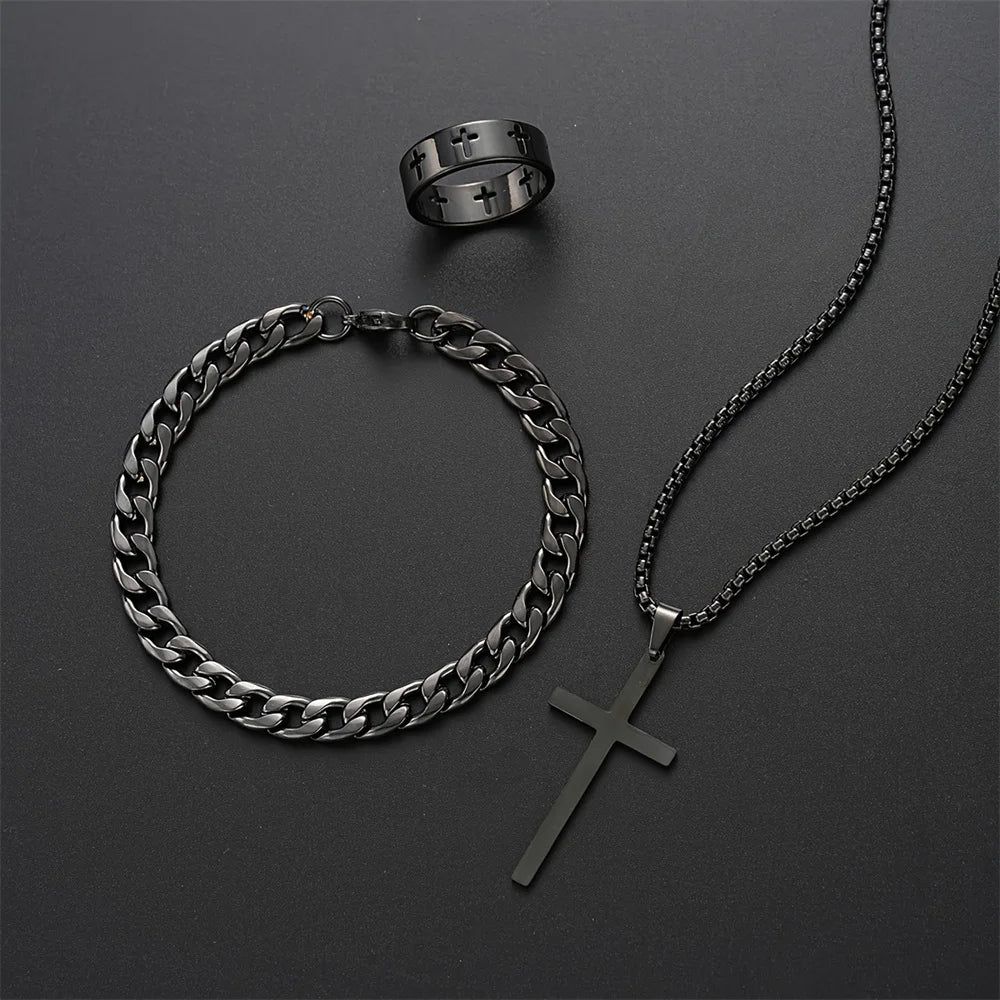 Men's Stainless Steel Cross Pendant Jewelry Set - Smarsty