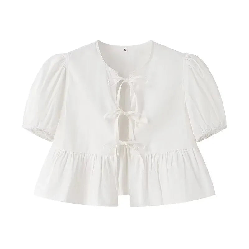 MUJER Ruffle Blouses Woman Puff Sleeve Shirts and Blouses for Women White Black Ruched Crop Top Female Ruched Women's Blouse - Smarsty