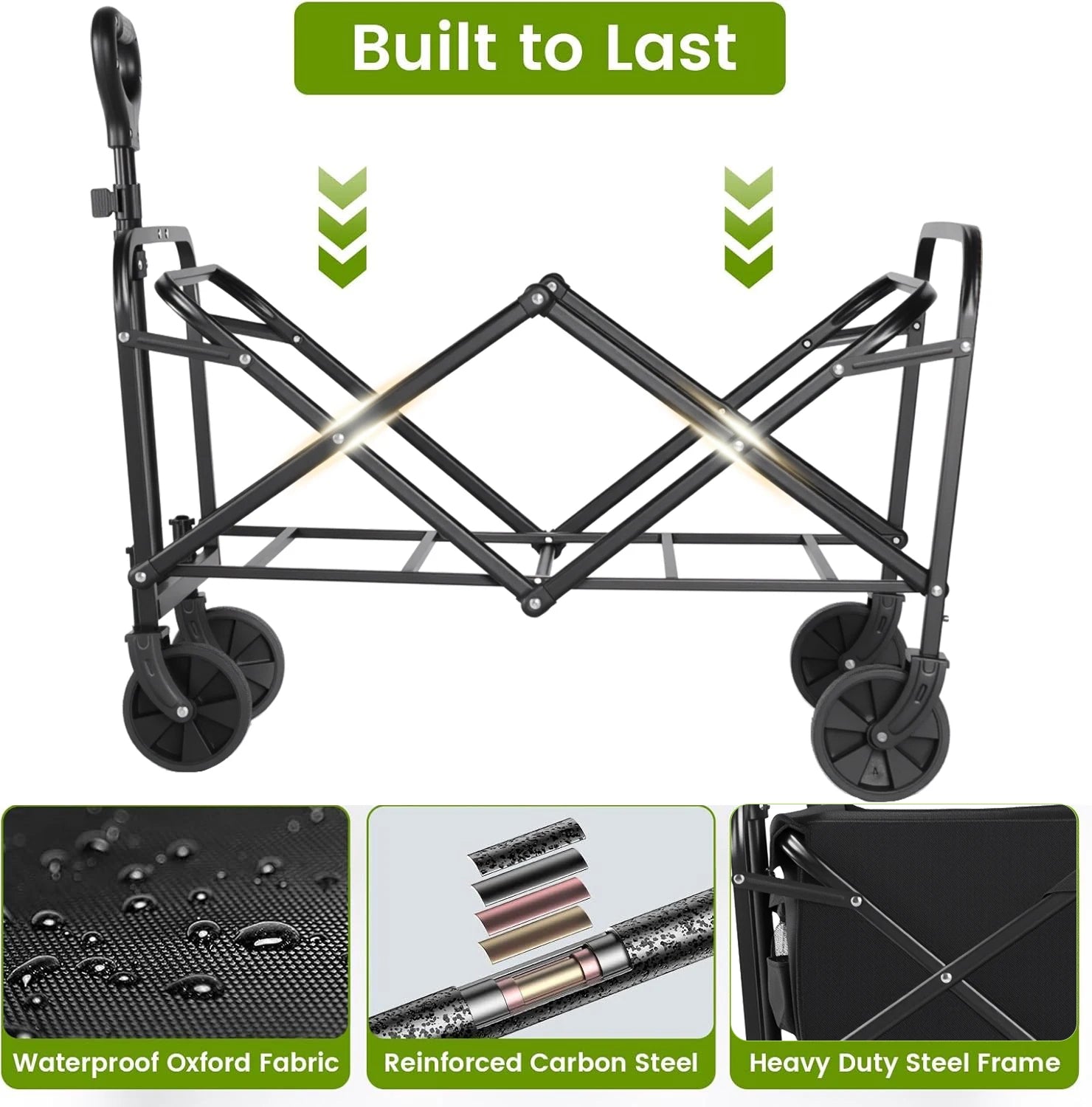 Heavy Duty Wagon Carts Foldable, Portable Wagons for Groceries, Beach Cart with All-Terrain Wheels Drink Holders, Utility Wagon