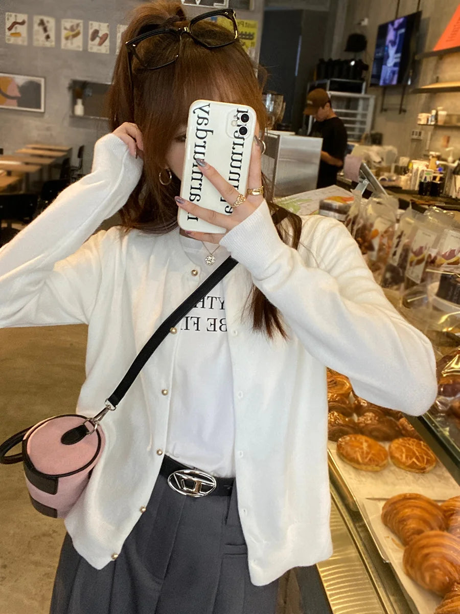 Solid Color Knitted for Women Cardigan Korean Single Breasted Long Sleeve Jumper Woman Round Neck All Match Cardigans Outwear - Smarsty