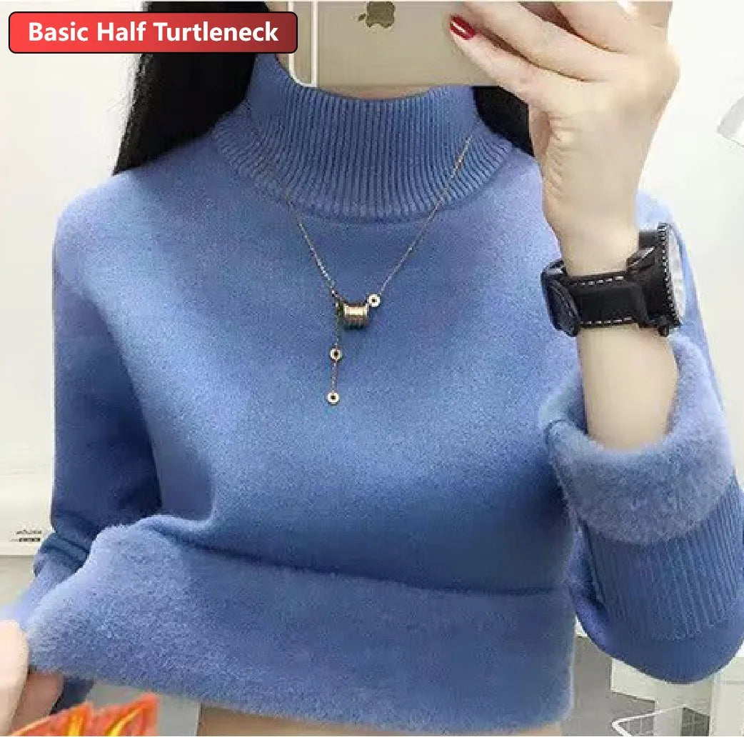 Turtleneck Winter Sweater Women Elegant Thicken Velvet Lined Warm Sueter Knitted Pullover Slim Tops Jersey Knitwear Jumper New - Smarsty