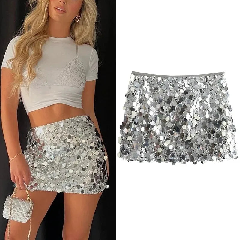 Silver Sequin Skirt Woman High Waist Mini Skirt Woman Fashion Shiny Glitter Elegant Short Skirts For Women Y2k Skirts - Smarsty
