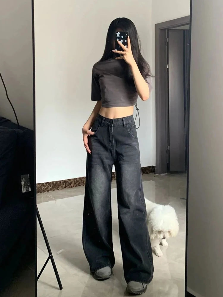 Korean Vintage High Waist Women's Jeans Y2K Slimming Pear-Shaped Loose Straight Bell Bottoms Black Gray Baggy Denim Trousers - Smarsty