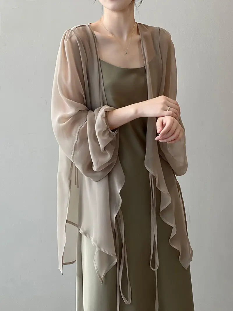 Shirts Women V-neck Loose Long Sleeve Open Stitch Korean Style Lace-up Simple Solid Summer Chiffon Breathable Minimalist Stylish - Smarsty