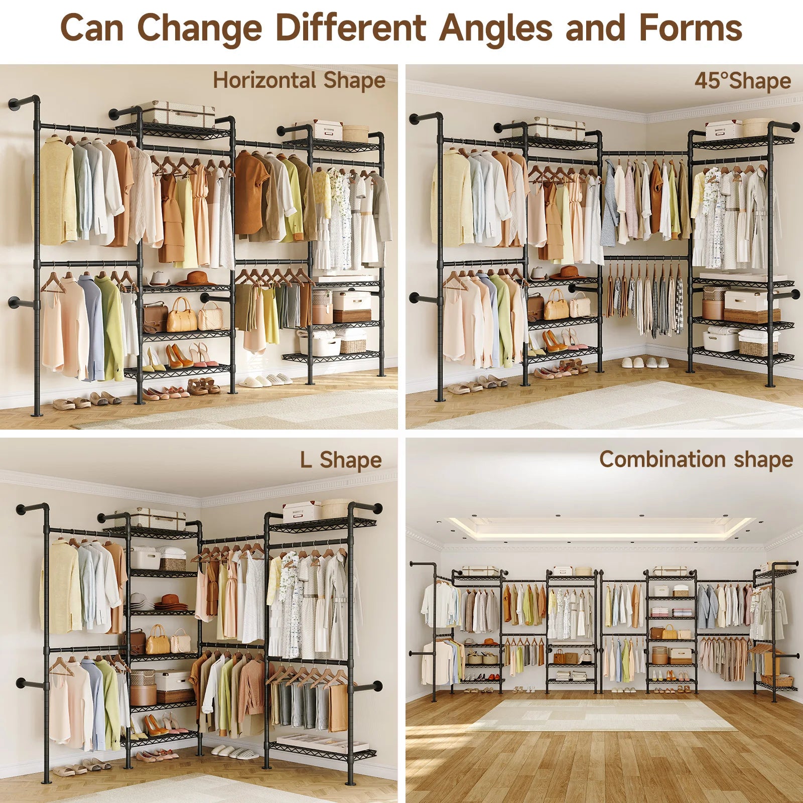 L4 Wall Mounted Industrial Pipe Clothes Rack, Closet Organizer System with Rods Expandable, Clothing Rack, Corner Garment Rack