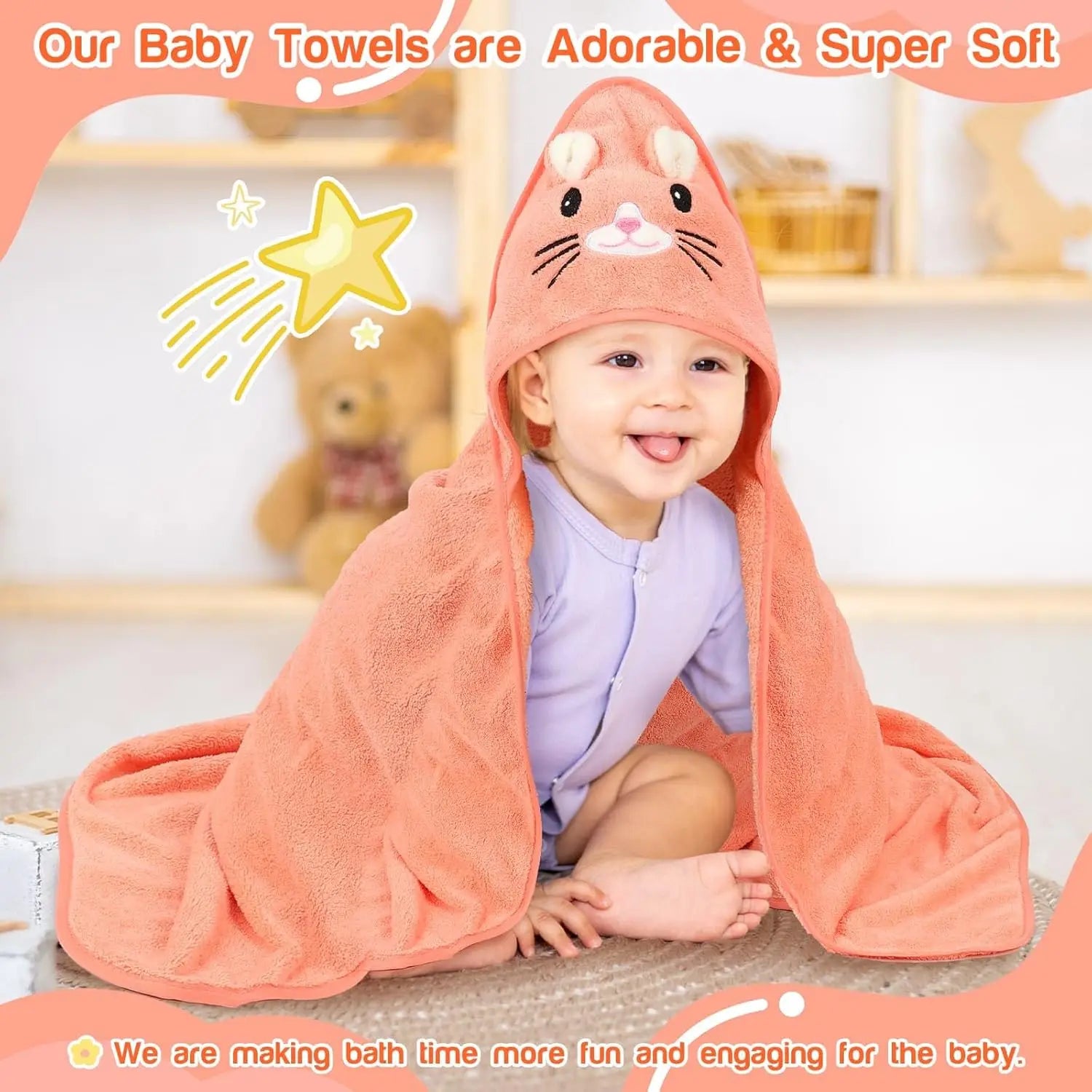 2PCS/Set Hooded Baby Towels,Soft Baby Towels for Newborns,Toddlers, and Kids,32x32 in Baby Towel with Hood
