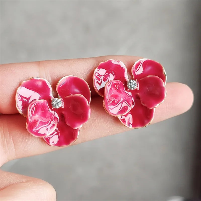 Enamel Flower Stud Earrings Cute Crystal Five Petal - Smarsty