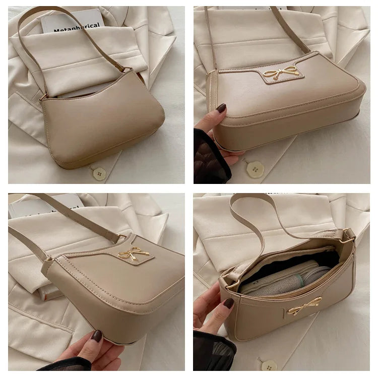 Metal Bow Shoulder Bag For Women With Classic Baguette - Smarsty
