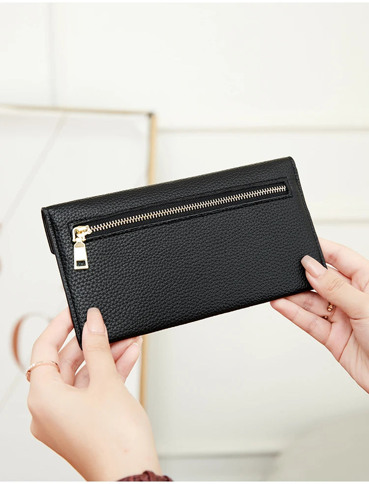 RFID Anti-Theft Purse for Women, Lychee Print, Soft Leather, Envelope Long Wallet, Ultra-thin, Portable, Simple Hand Bag