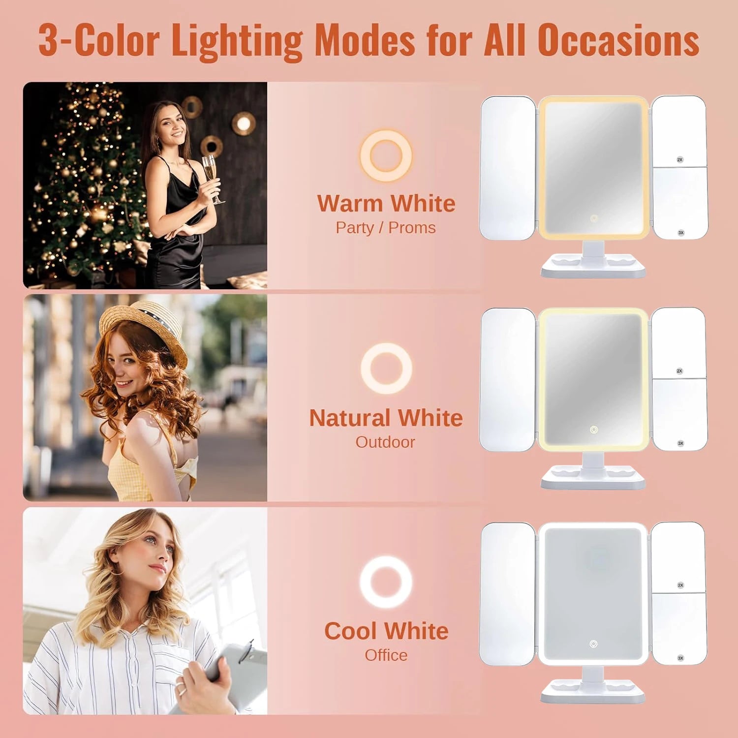 LED Trifold Makeup Mirror with Adjustable Brightness - Smarsty