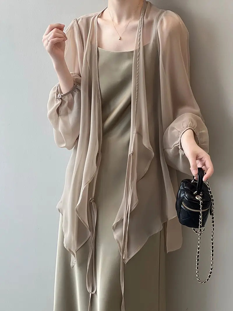 Shirts Women V-neck Loose Long Sleeve Open Stitch Korean Style Lace-up Simple Solid Summer Chiffon Breathable Minimalist Stylish - Smarsty