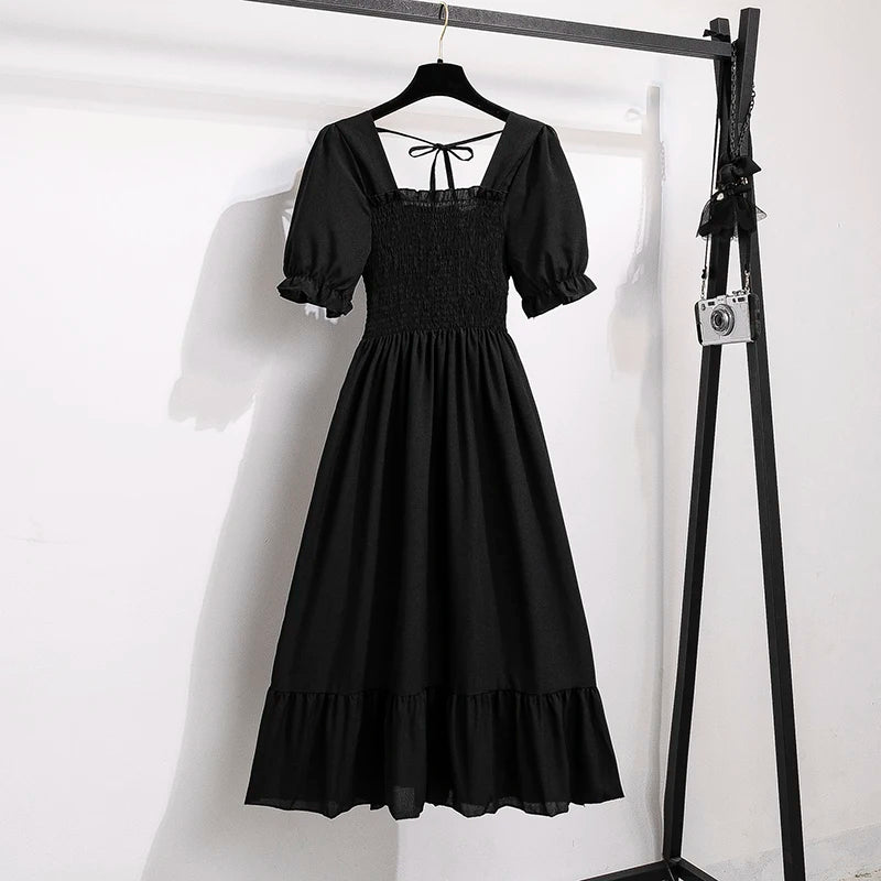 Spring Summer Chiffon Dresses Fashion Female Elastic Waist Short Sleeve Pleated Casual Dress Women A-line Dresses Vestidos - Smarsty