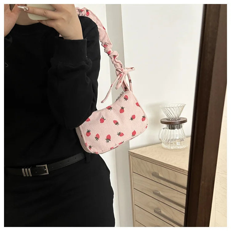 Corduroy Underarm Bag For Women Strawberry Print Mini Tote - Smarsty