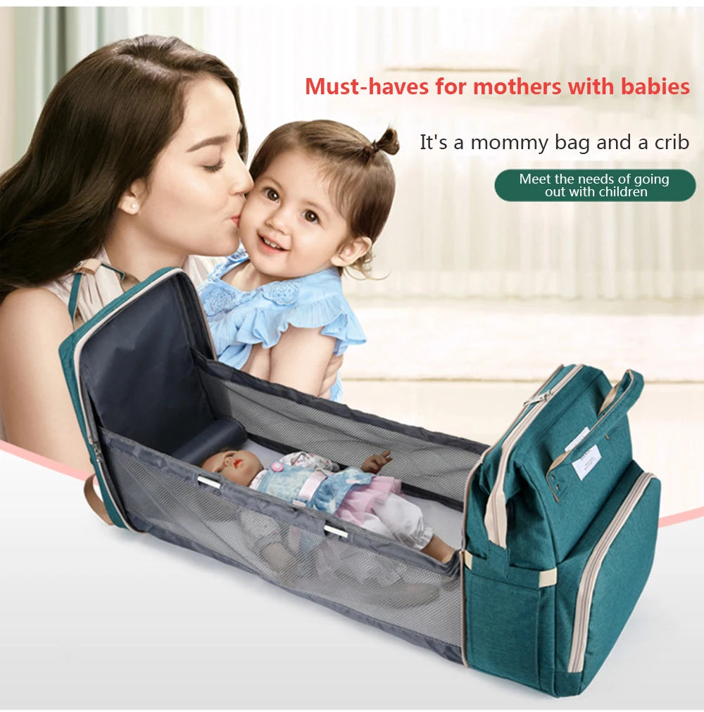 Folding Mommy Bag Lightweight Portable Folding Crib Bed Large-capacity Baby Backpack Female Mommy Outting Bag Mummy Bag by Smarsty