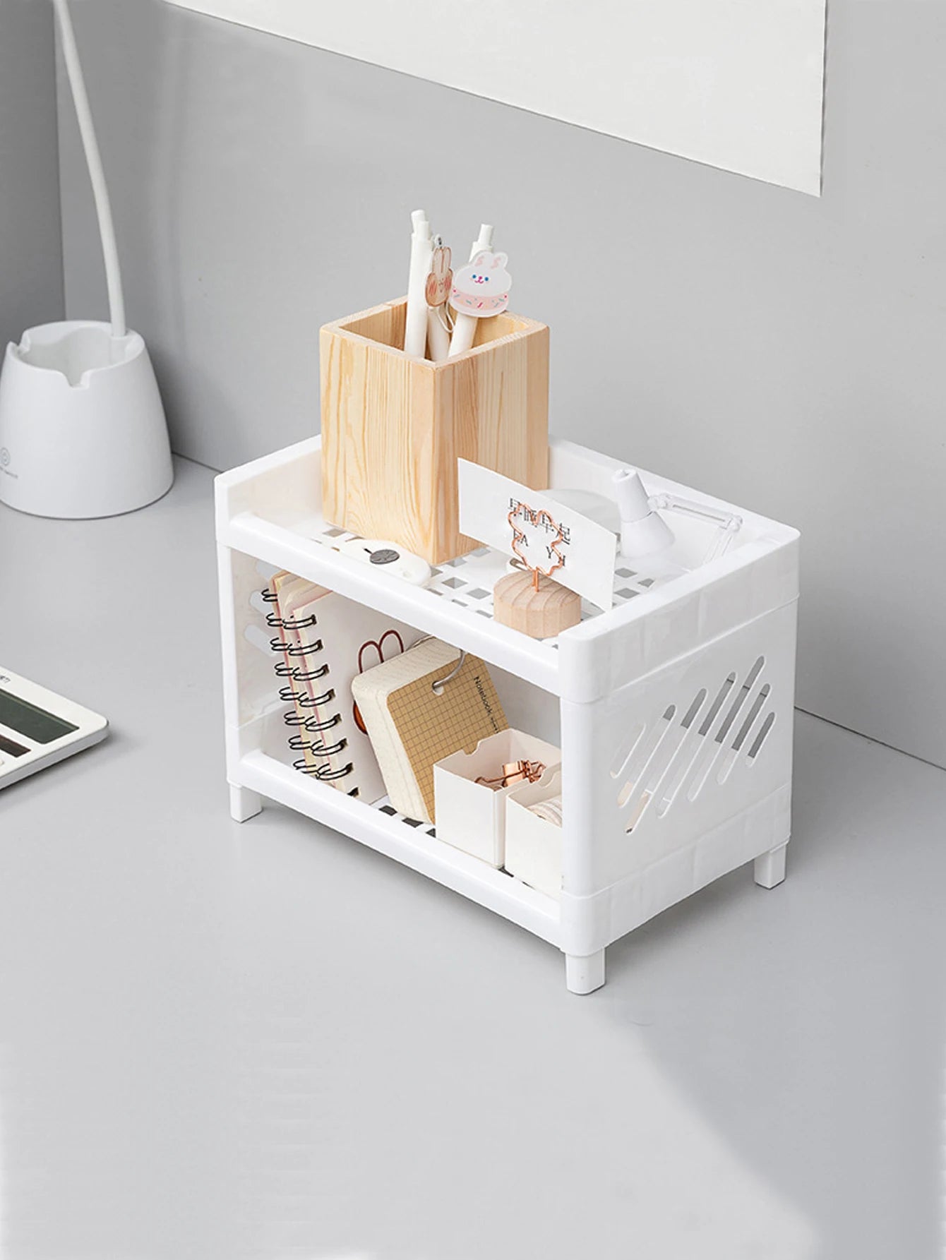 Minimalist Desktop Double-Layer Storage Rack Household Plastic Bathroom Small Stationery Organizing Pure White Multifunctional by Smarsty