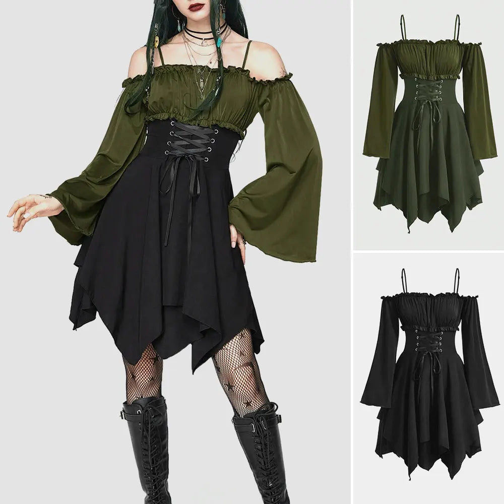Mia Muse Women's Dresses Autumn Halloween Contrast Color Asymmetrical Hem Flounce Trim Lace Up Long Sleeve Off Shoulder Mini Dre - Smarsty