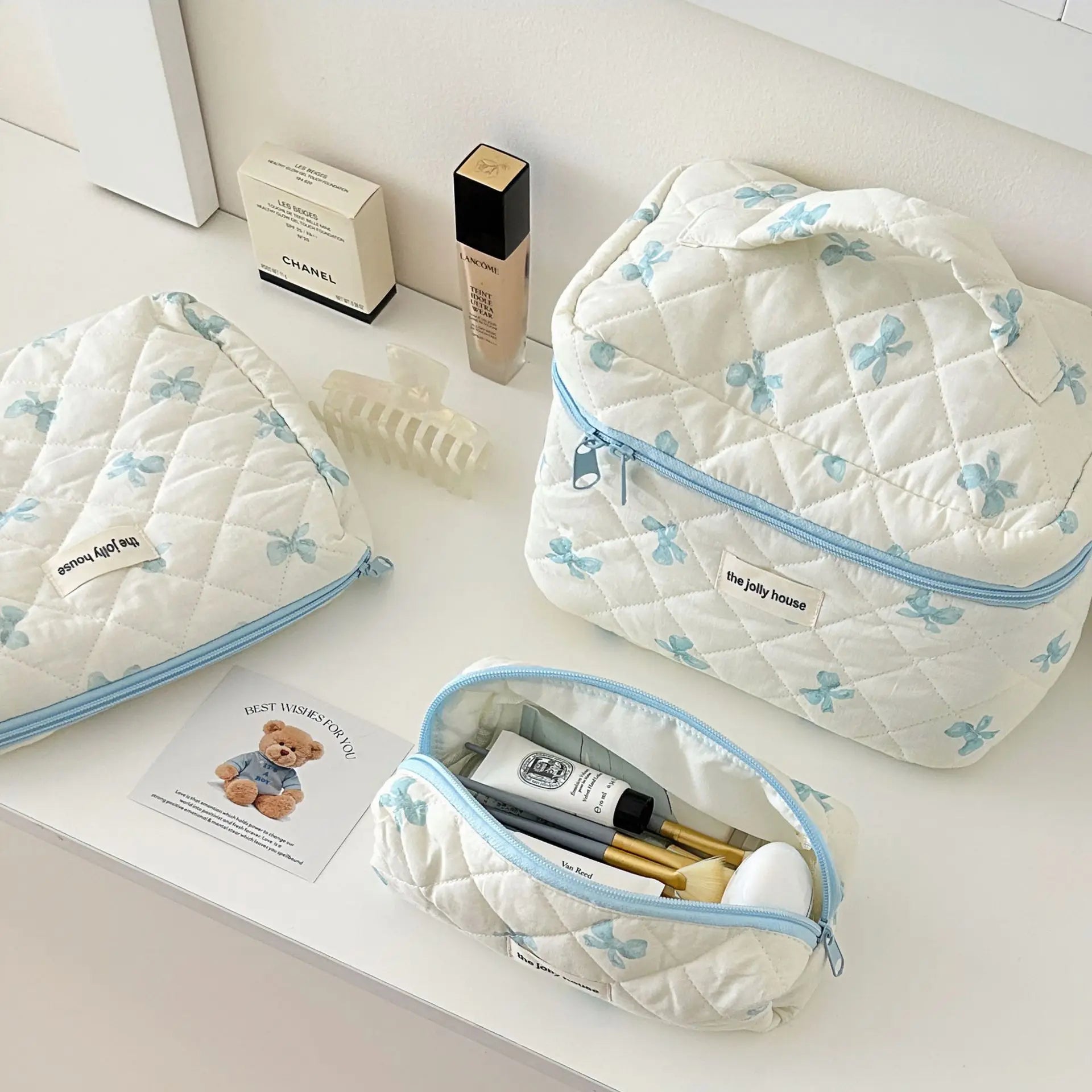 Bow Print Makeup Bag Large Capacity Travel Cosmetic Case - Smarsty