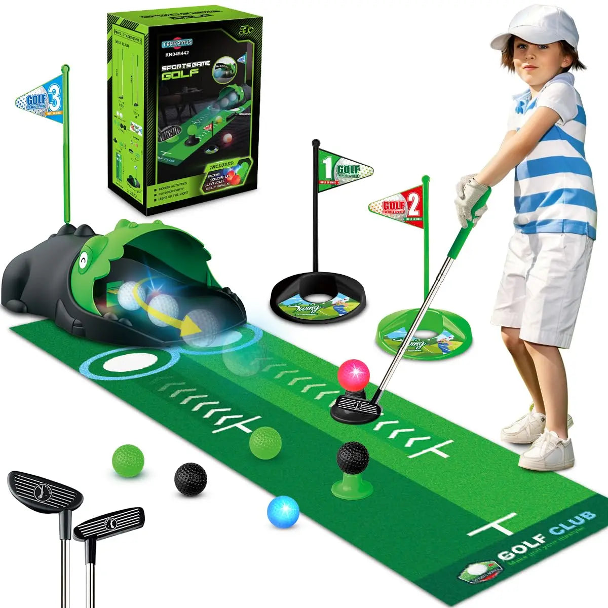 Kids Toy Golf Club Set with LED Automatic Ball Returner, Golf Putting Mat Toddler Mini Golf Game Sports Gift for 3+ Boys Girls