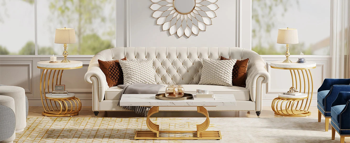 Tribesigns Gold Round End Table: 2 Tiers Faux Marble Side Table with Storage Shelf, Modern White Gold Bedside Nightstand