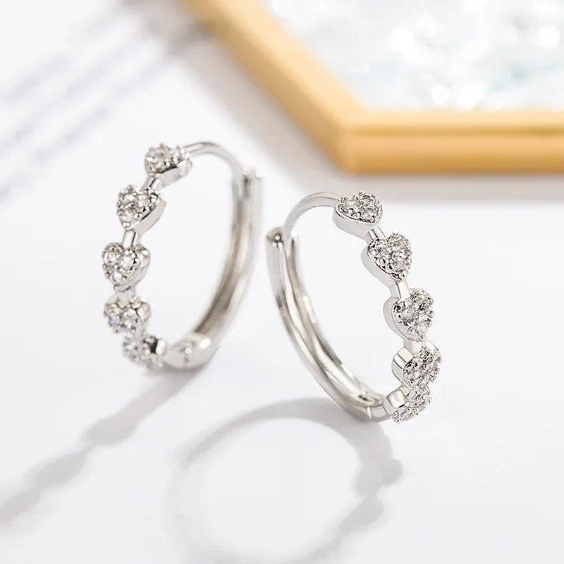 Tiny Heart Hoop Earrings Silver Zircon Shiny Wedding - Smarsty
