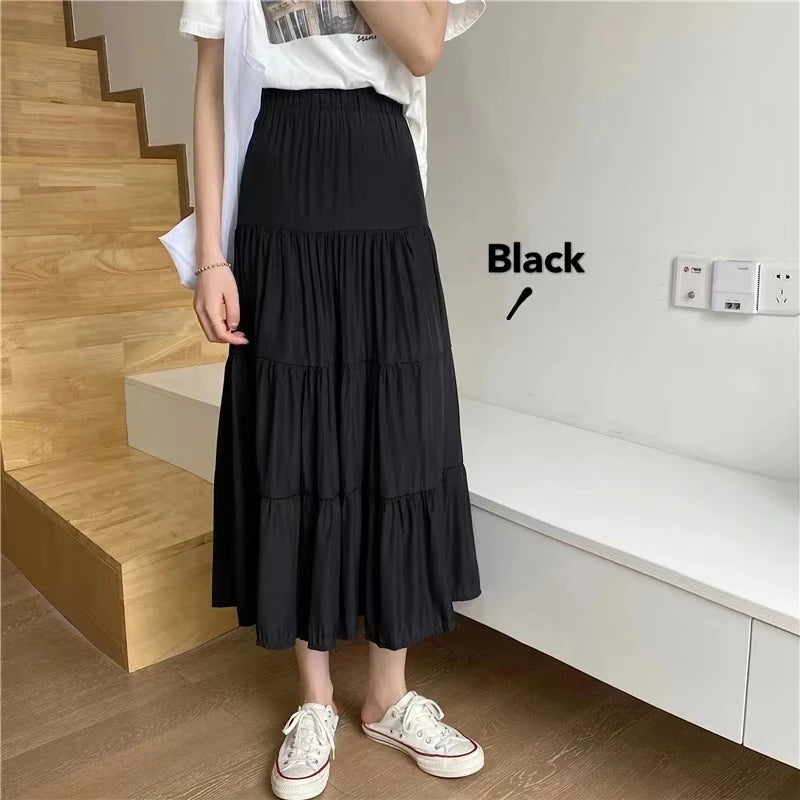 Spring Summer Women Skirts Vintage High Waist Elastic Patchwork White Black Chic Long Cake A-line Skirt - Smarsty