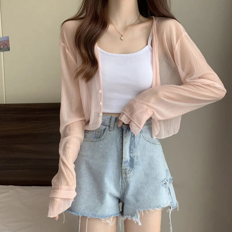 2025 Fairy Style Solid Cardigan Women Summer New Long Sleeve Sunscreen Sweet Beading V-neck Basics Loose Chiffon Cardigan - Smarsty
