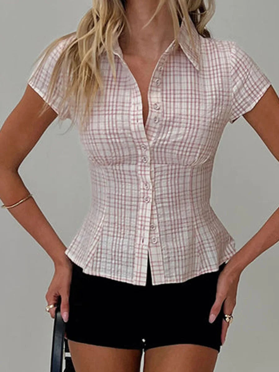 hirigin Women's Y2K Short Sleeve Plaid Button Down Shirt Button Down Blouses Tops Casual Summer Shirt Tops 90s Streetwear - Smarsty