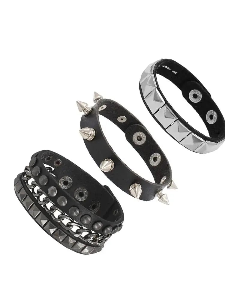 Adjustable Punk Rock Studded Leather Bracelet Set - Smarsty