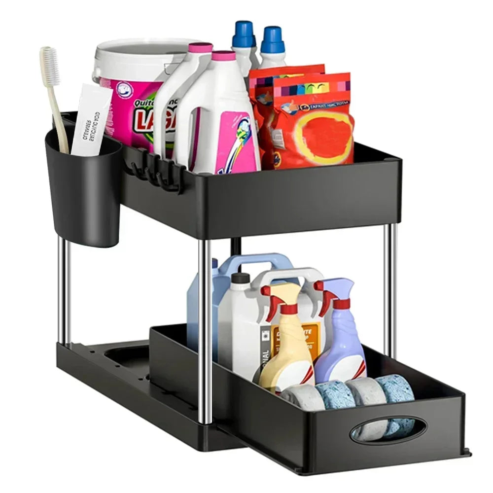 2 Tier Under Sink Organizer Sliding Cabinet Basket Organizer Storage Rack with Hooks Hanging Cup Bathroom Kitchen Organizer by Smarsty