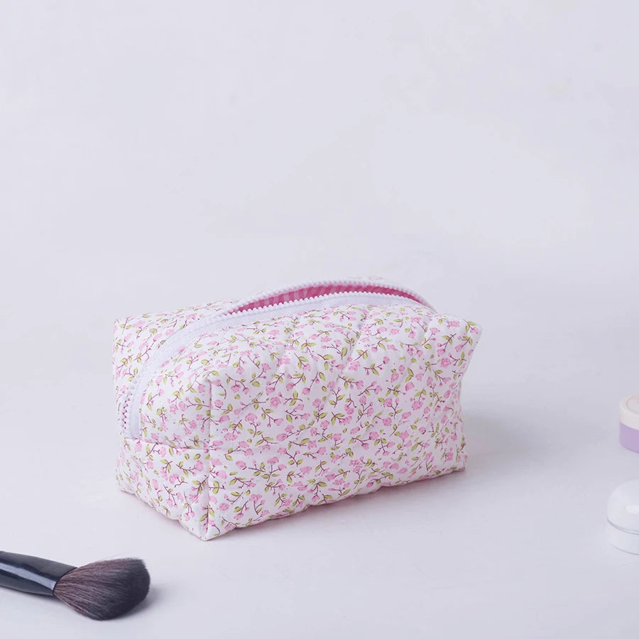 Floral Puffy Quilted Makeup Bag Travel Cosmetic Organizer - Smarsty