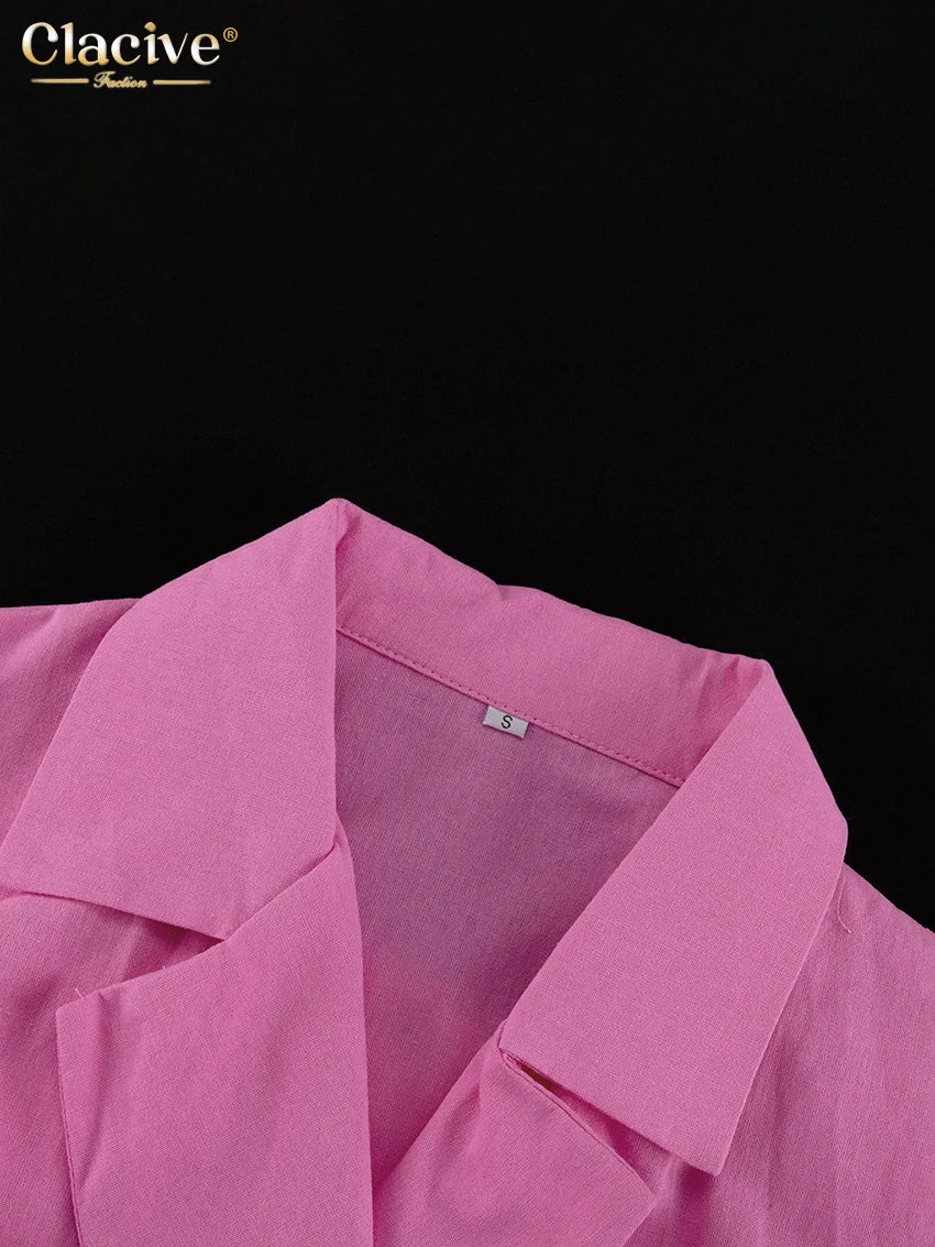 Clacive Casual Loose Pink Cotton Dress Ladies Fashion Lapel Long Sleeve Ankle Length Dress Elegant Lace-Up Dresses For Women - Smarsty