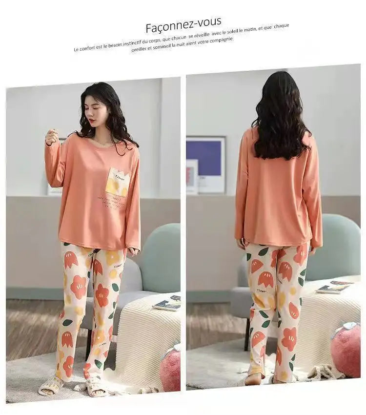 Spring and Autumn New Ladies Pajamas Homewear Set of Long-Sleeved Autumn and Winter Homewear Women Plus Size Pajamas Set - Smarsty
