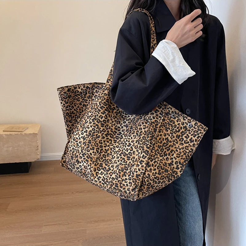 Leopard Pattern Tote Bag Vintage Canvas With Large Capacity - Smarsty