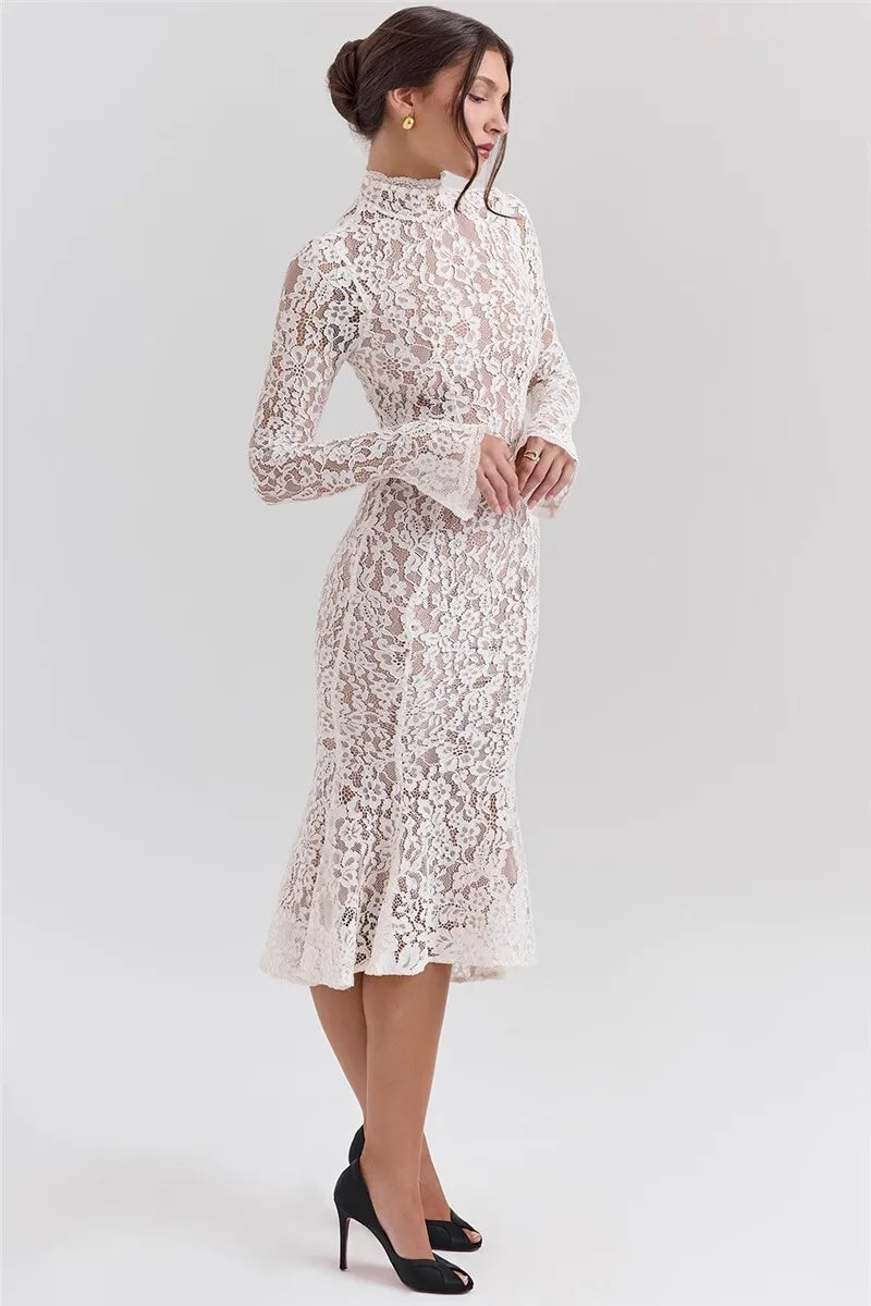 Mozision Lace Long Sleeve Sexy Midi Dress For Women Elegant White Half High Collar High Waist Bodycon Club Party Sexy Long Dress - Smarsty