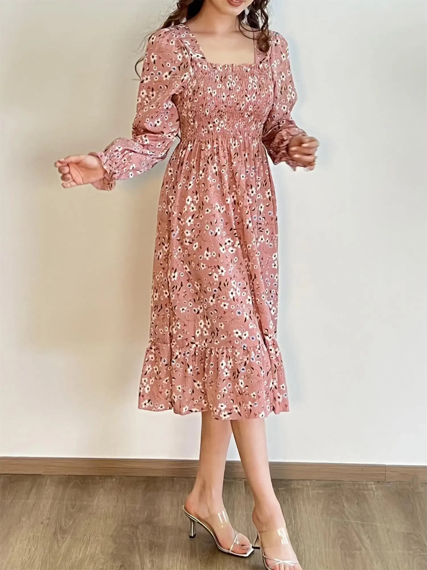 Long Sleeve Casual Dress Women Chiffon Dresses Autumn Spring A-line Printed Floral Elastic Chest Lace Up Midi Dresses Vestidos - Smarsty