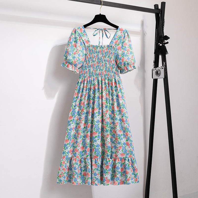 Summer Pleated Women Chiffon Dresses Casual Beach Holiday Short Sleeve Square Collar Woman Midi Dress Bohemian Mujer Vestidos - Smarsty