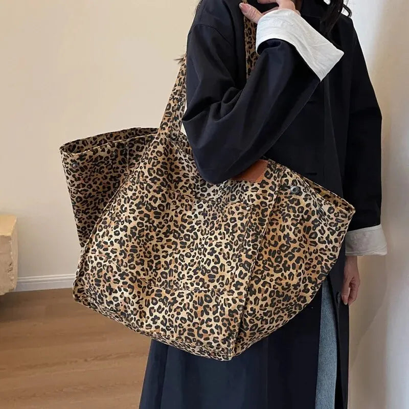 Leopard Pattern Tote Bag Vintage Canvas With Large Capacity - Smarsty
