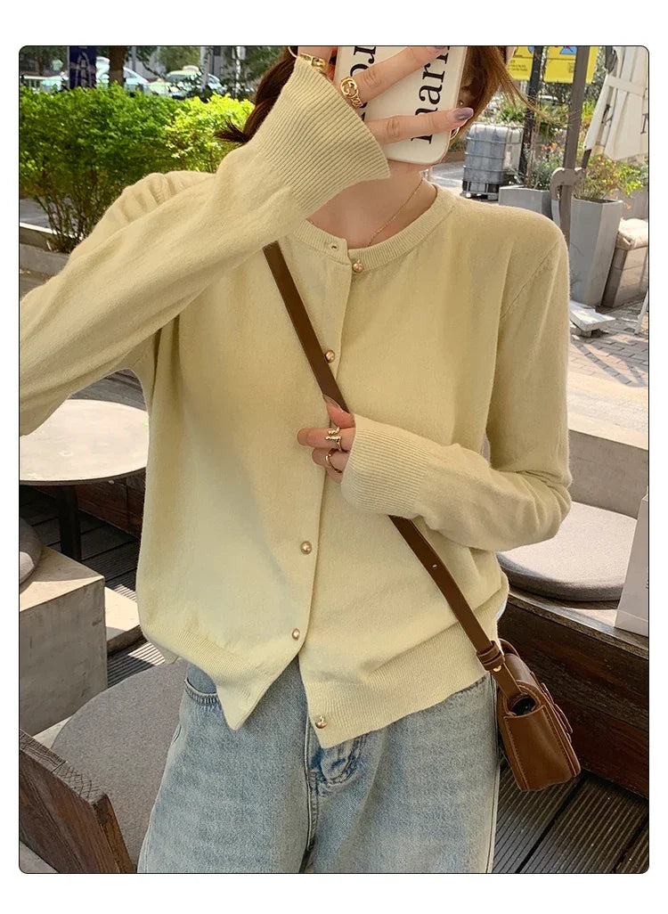 Solid Color Knitted for Women Cardigan Korean Single Breasted Long Sleeve Jumper Woman Round Neck All Match Cardigans Outwear - Smarsty