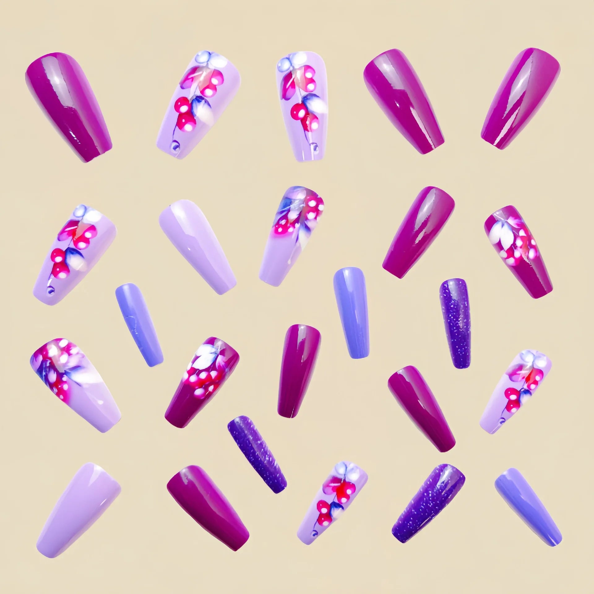 24 Piece Set Medium Long Press On Nails with Peach Flower Design - Smarsty