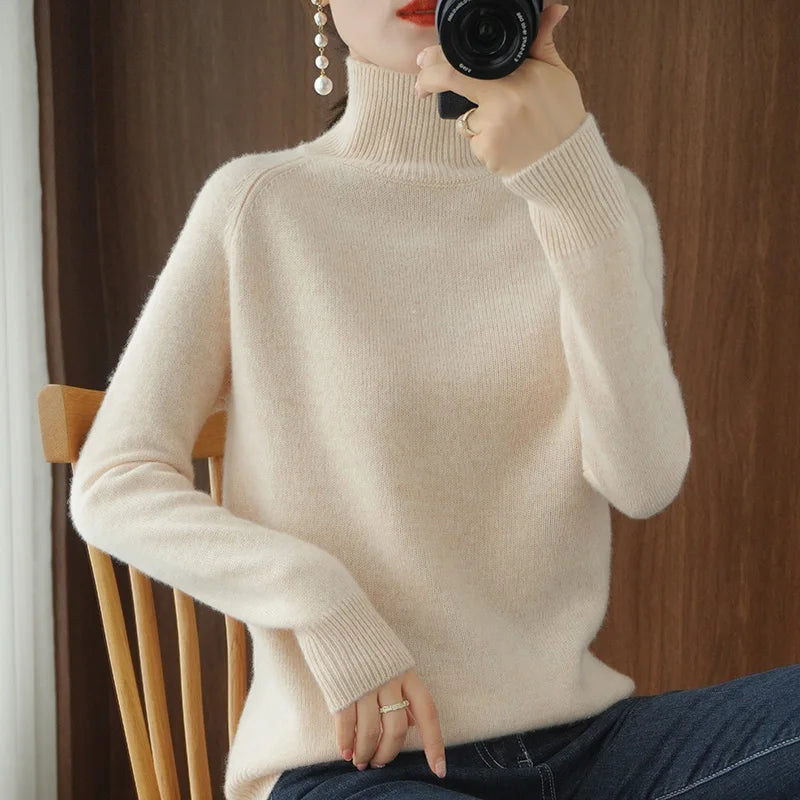 Fashion Basic Autumn Winter Merino Wool Sweater Mock Neck Cashmere Pullover Solid Color Soft Long Sleeve Clothing Tops - Smarsty