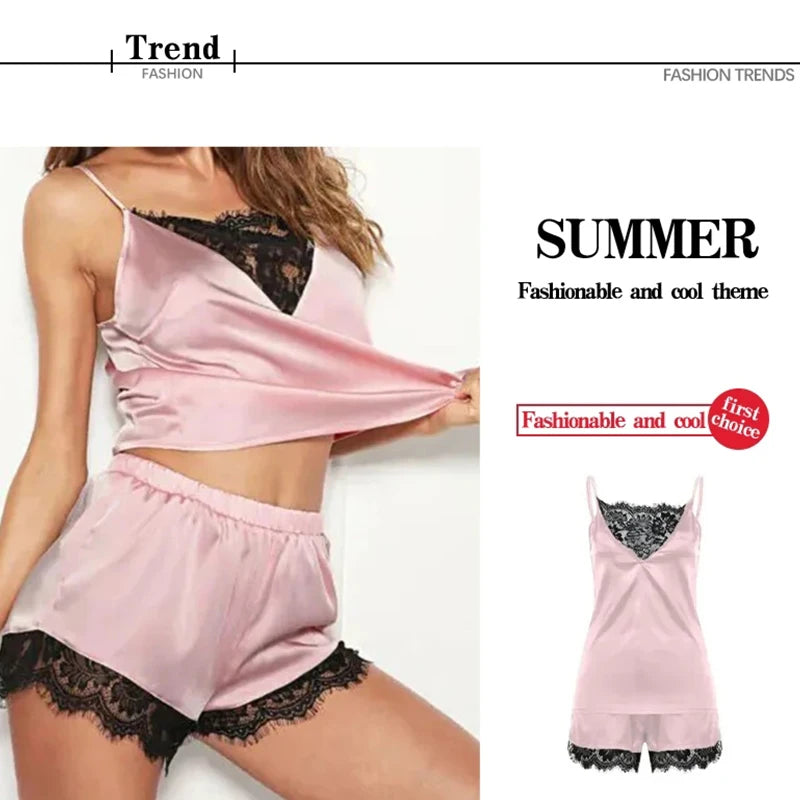 Lace Pajama Sets Women Pijama Mujer Strap Sleeveless Sexy Sleepwear Short Lingerie Set Female Night Wear - Smarsty