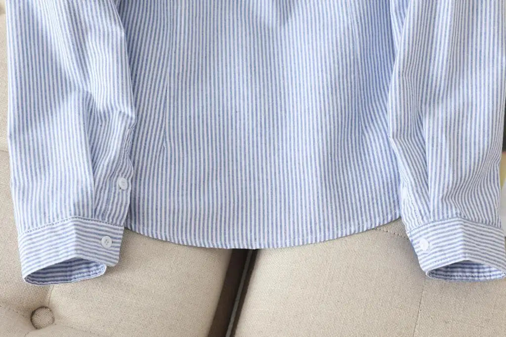 Casual Cotton Women's Oxford Shirt 2024 Autumn New Good Quality Woman Blouse and Tops Lady White Blue Striped Shirts Clothes - Smarsty