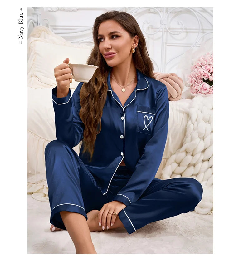 Autumn Satin Pajama for Women Heart-shaped Embroidery Sleepwear & Loungewear Long Sleeve Top & Pants Home Clothes Pyjama 2 Piece - Smarsty