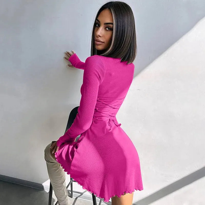 Dulzura Women 2024 Spring Autumn Fashion Long Sleeve Knitted Streetwear Bodycon Short Mini Dress Wholesale Items For Business - Smarsty
